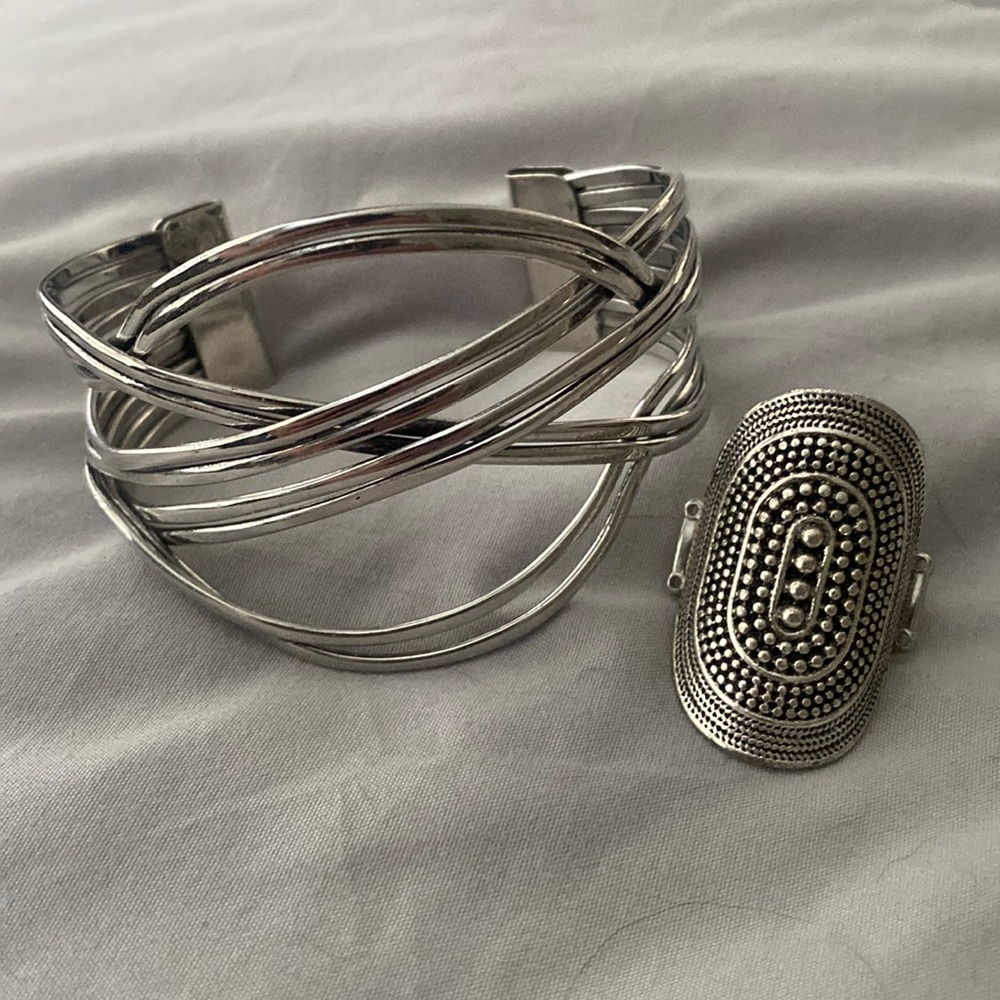 Silver tone western jewelry - cuff bracelet and matching ring